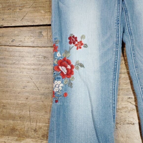 Express 2R Jeans Blue Denim Floral Embroidery Festival Boho High Leggings - Picture 5 of 11